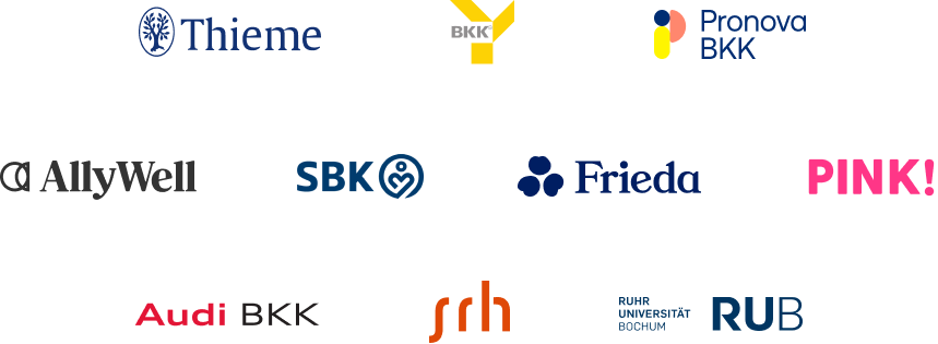 Logos von Bornholdt Lee Kunden: Thieme, BKK, Pronova BKK, AllyWell, SBK, Frieda Health, PINK!, Audi BKK, SRH, Ruhr Universität Bochum uvm.