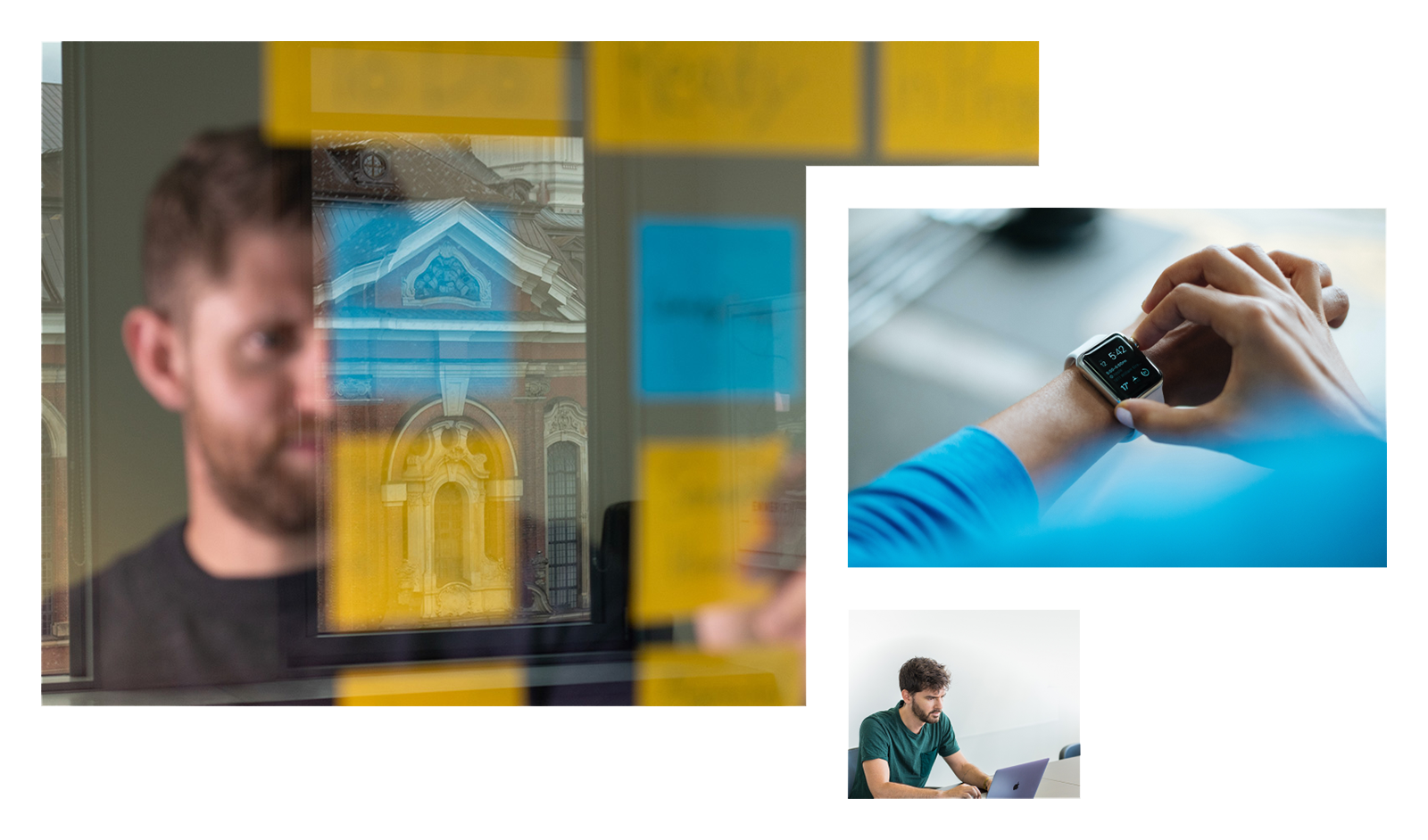 Bornholdt Lee Fotocollage mit Workshopbild am Michel in Hamburg, Smartwatch und Programmierung vor MacBook